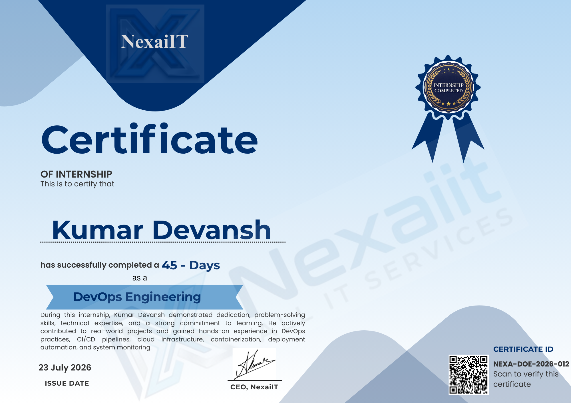 Kumar Devansh's certificate — NEXA-DOE-2026-012