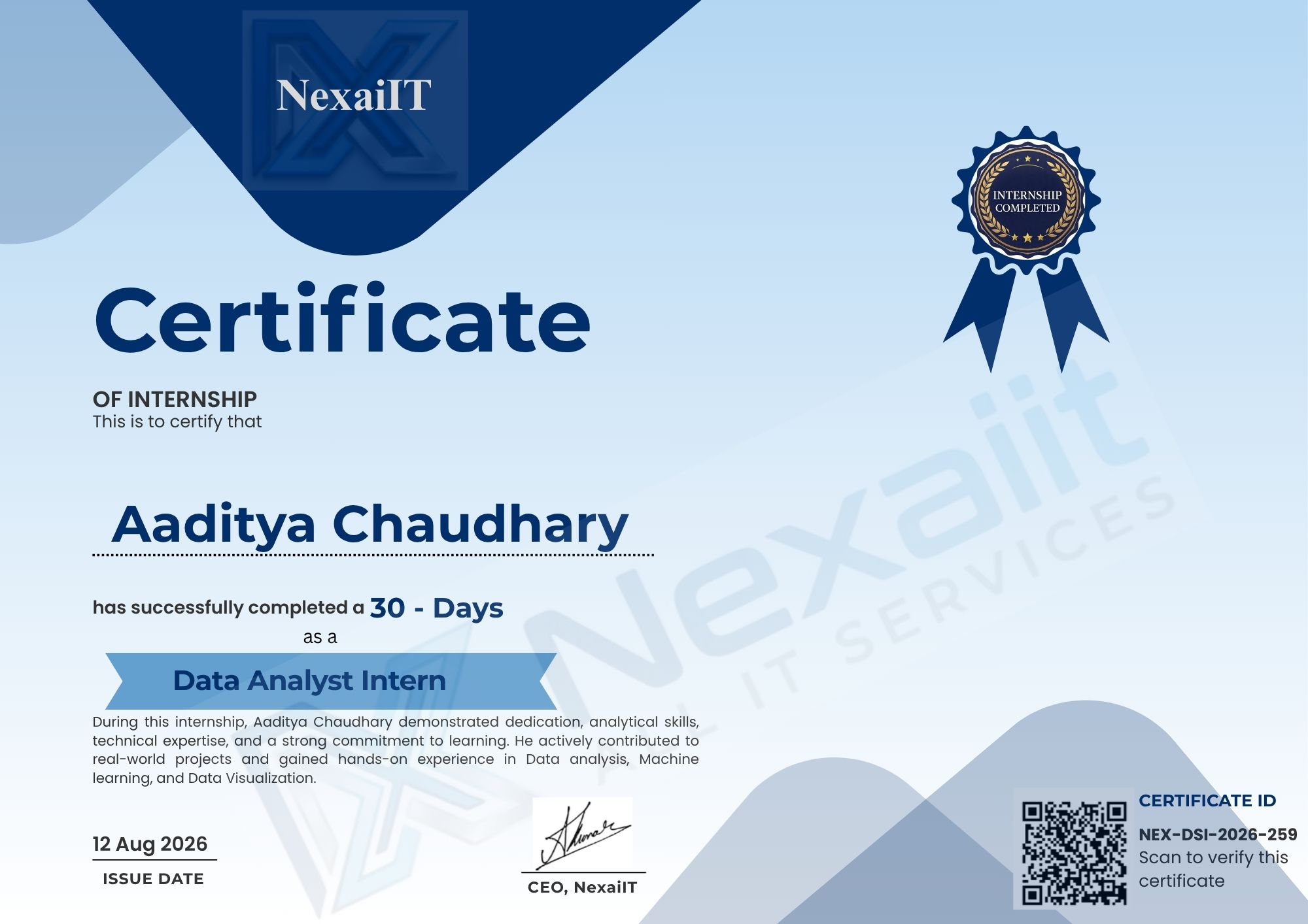 Aaditya Chaudhary's certificate — NEXA-DSI-2026-259